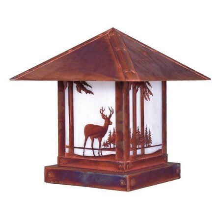 Arroyo Craftsman 12" Timber Ridge Column Mount With Deer Filigree, Raw Copper, Rain Mist Glass TRC-12DRRM-RC